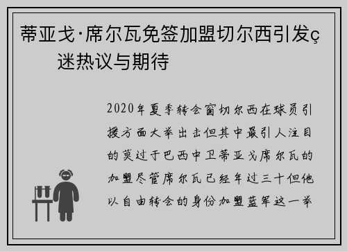 蒂亚戈·席尔瓦免签加盟切尔西引发球迷热议与期待 蒂亚戈·席尔瓦免签加盟切尔西引发球迷热议与期待