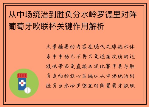 从中场统治到胜负分水岭罗德里对阵葡萄牙欧联杯关键作用解析