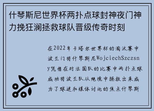 什琴斯尼世界杯两扑点球封神夜门神力挽狂澜拯救球队晋级传奇时刻