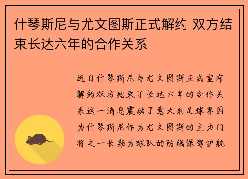 什琴斯尼与尤文图斯正式解约 双方结束长达六年的合作关系